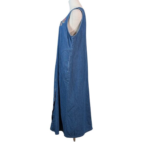 Vintage White Stag Embroidered Floral Denim Maxi Dress Button Front Medium 90s - Picture 2 of 6